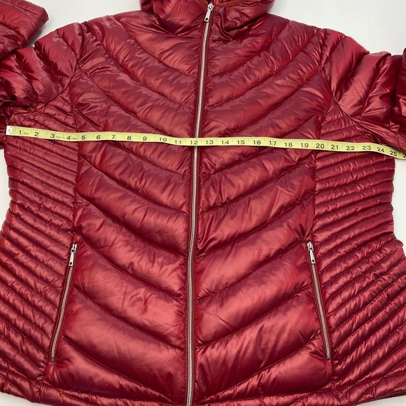 Calvin Klein Puffer Down Jacket Hooded Red Womens 1X Plus Shiny Zip Pockets - Picture 5 of 10